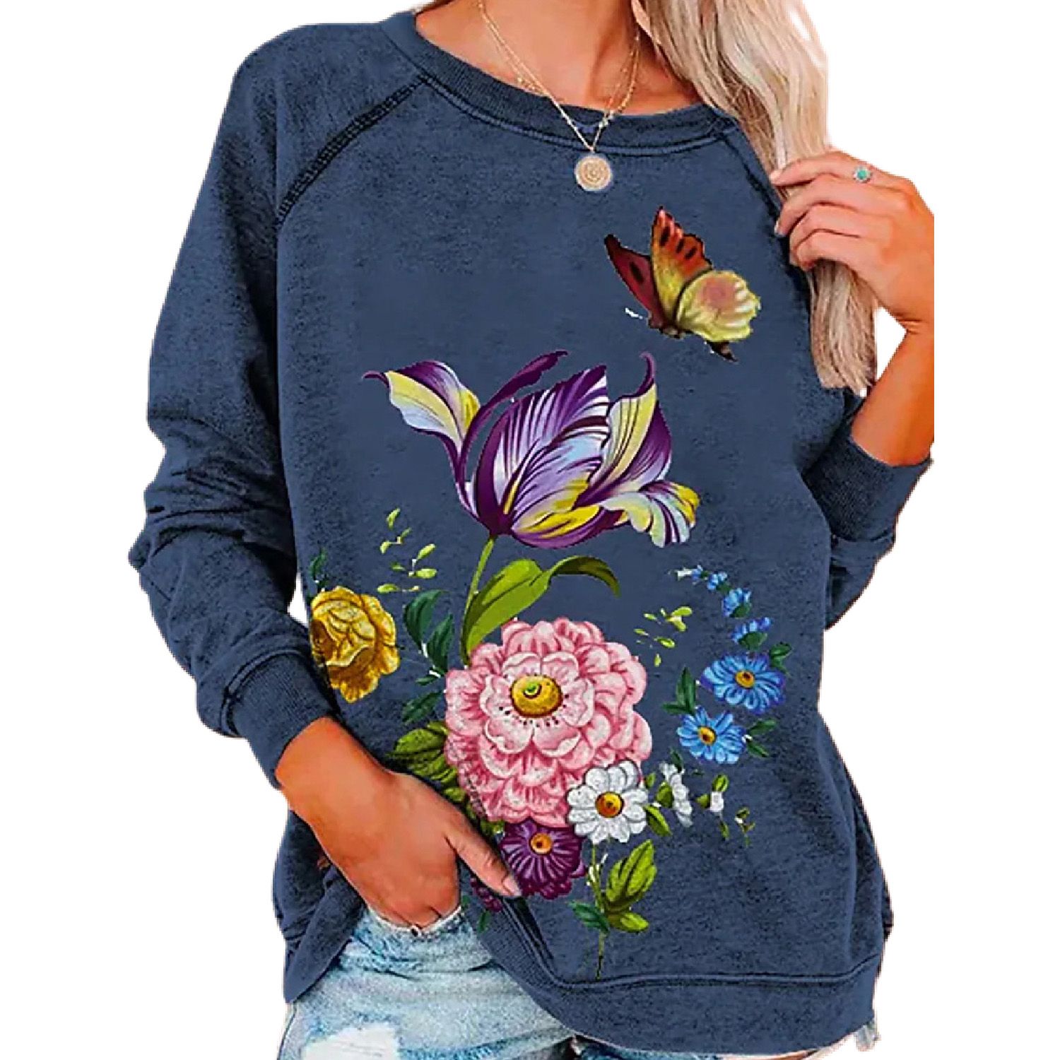Casual Sweatshirt Butterflies Floral Print O-Neck 3D Cutting Casual Sweatshirt