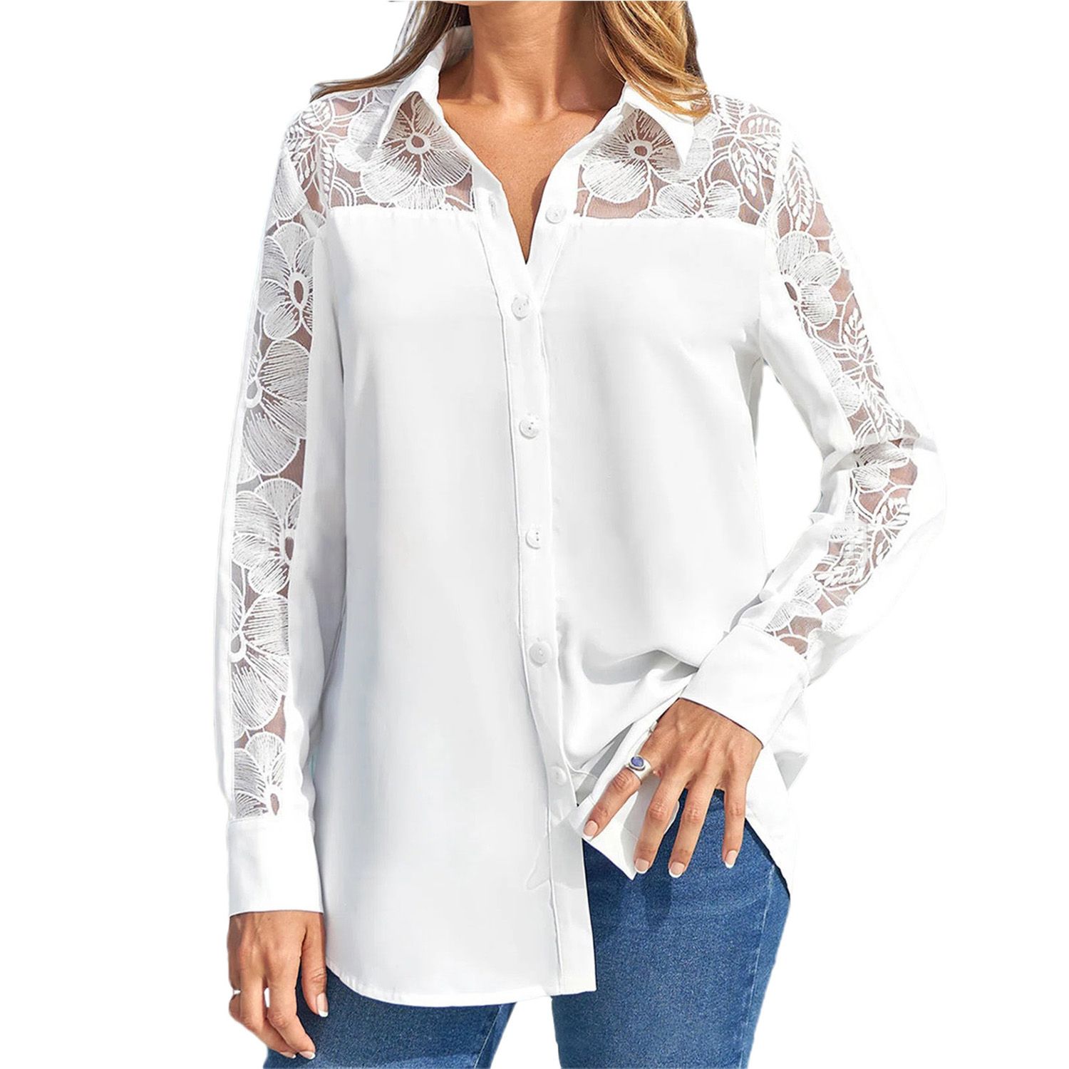 Women Shirt See Through Pure Color Turndown Collar Blouse
