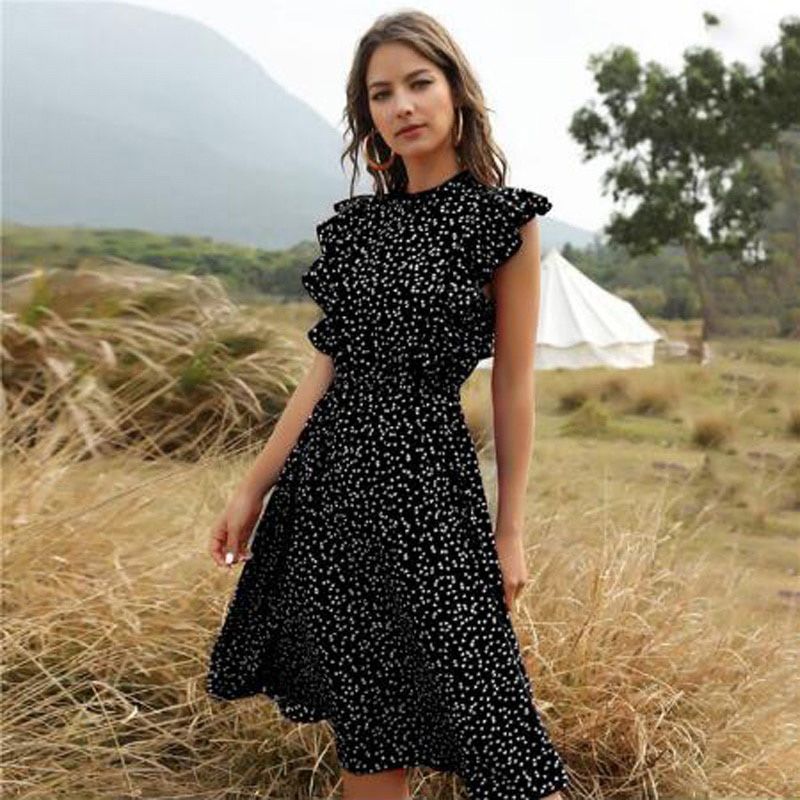 Butterfly Sleeve Dot Print Ruffles Women Summer Dress Lady Fashion A line Red Chiffon Dresses Fitted Clothes Elegant Vestido