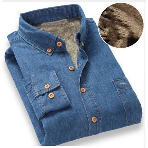 Quality Warm Winter Denim Jeans Dress Shirt Men Fleece Lined Velvet Shirts Button Down Brand Male Bottoming Men's Shirt M-4XL