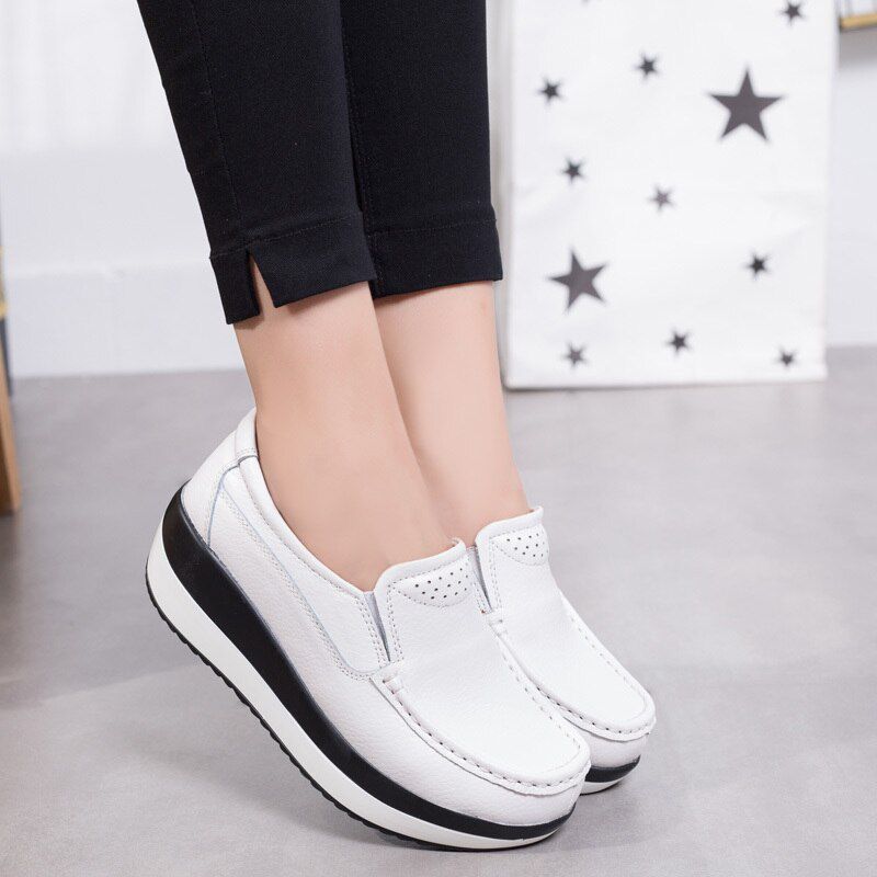 Women Fashion Sneakers Leather Rocking Shoes Swing Platform Wedges Shoes Loafers Air Thick Sole Waterproof High Heel Sport Shoes