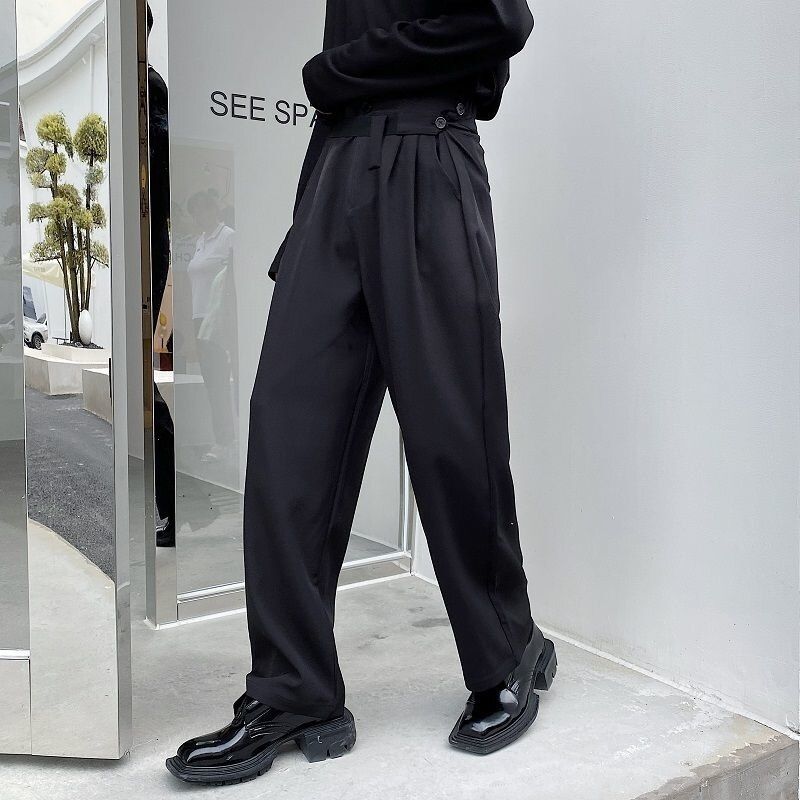 IEFB Black Trousers Men's Spring Casual Straight Long Pants 2022 New High Waist Belt Design Suit Pants NicChic Bottoms 9A0815