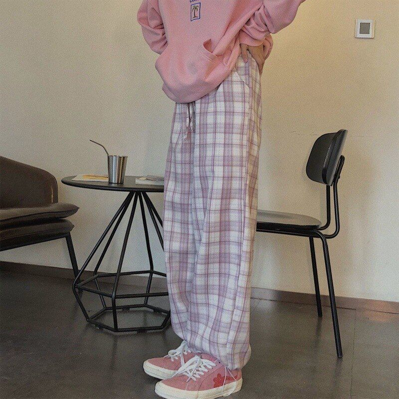 Vintage Pink Plaid Pants Elastic Waist Plus Size Clothing for Women Casual Loose Wide Leg Pants Pockets Korean Clothes
