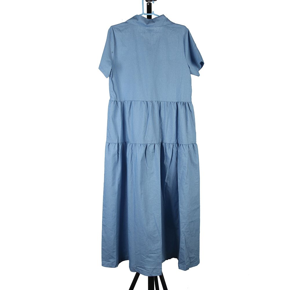 Women Short Sleeve Turn Down Collar Pockets Buttons Long Denim Dress