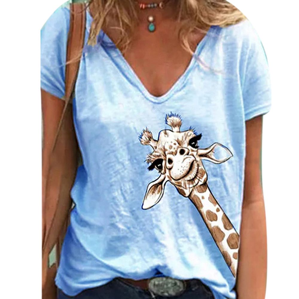 Women Summer Short Sleeve V Neck Cotton T-shirt Top