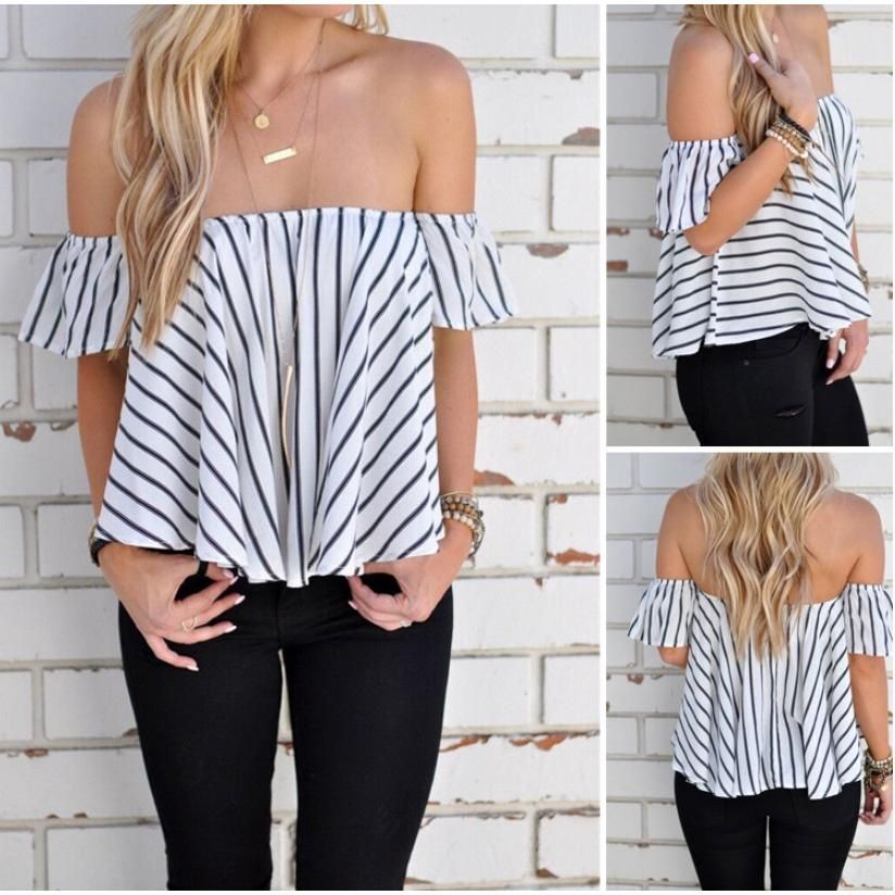 IELGY Shoulder Striped Drop Shoulder Top Loose Fashion Wild Women Summer