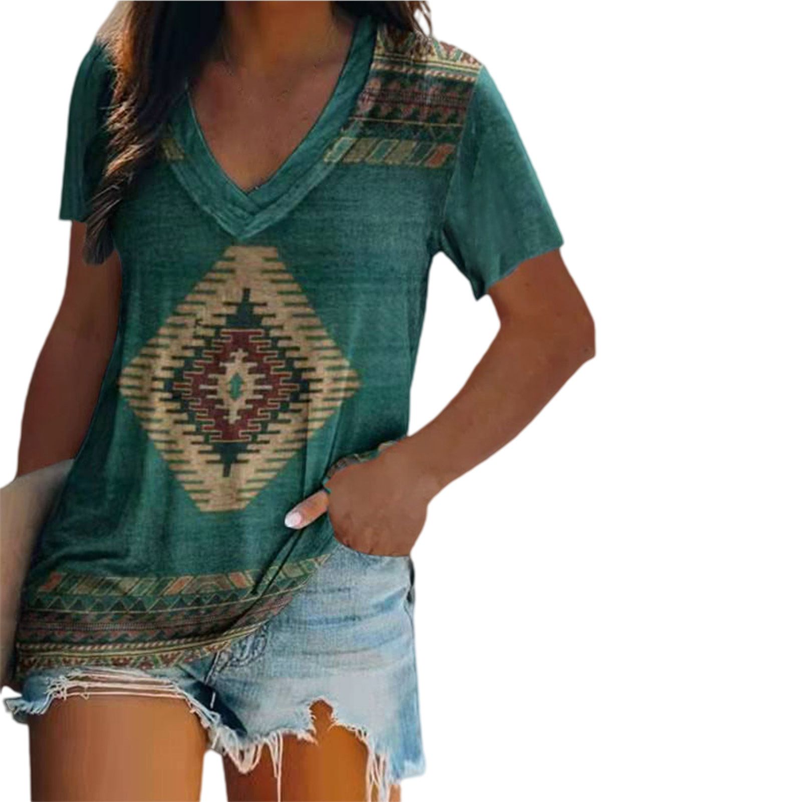 Pullover Short Sleeve Loose-fitting Geometric Pattern T-shirt