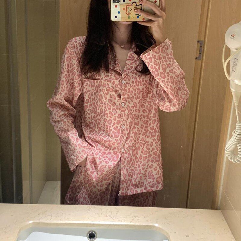 Silk Pajamas for Women Cute Leopard Home Clothes for Women Sleepwear Nightie Women's Clothing Spring Summer  Pyjama Femme