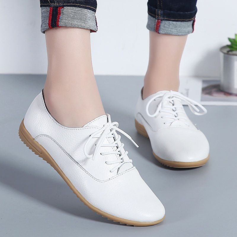 Flat Bottom Lightweight Fashion Casual Lace-up Leather Shoes for Woman
