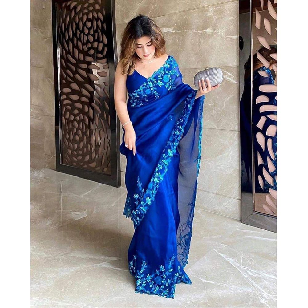 Blue Colour Japani Silk makhon Exclusive Design Embroidery Work Saree On Blouse For women