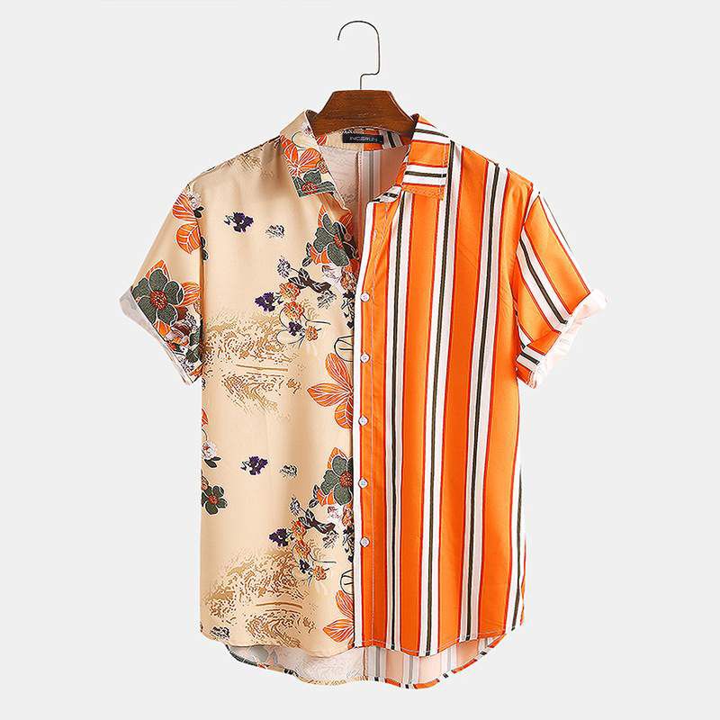 2021 Men Casual Shirt Printing Striped Patchwork Streetwear Lapel Camisas Short Sleeve Fashion Mens Hawaiian Shirt S-5XL INCERUN