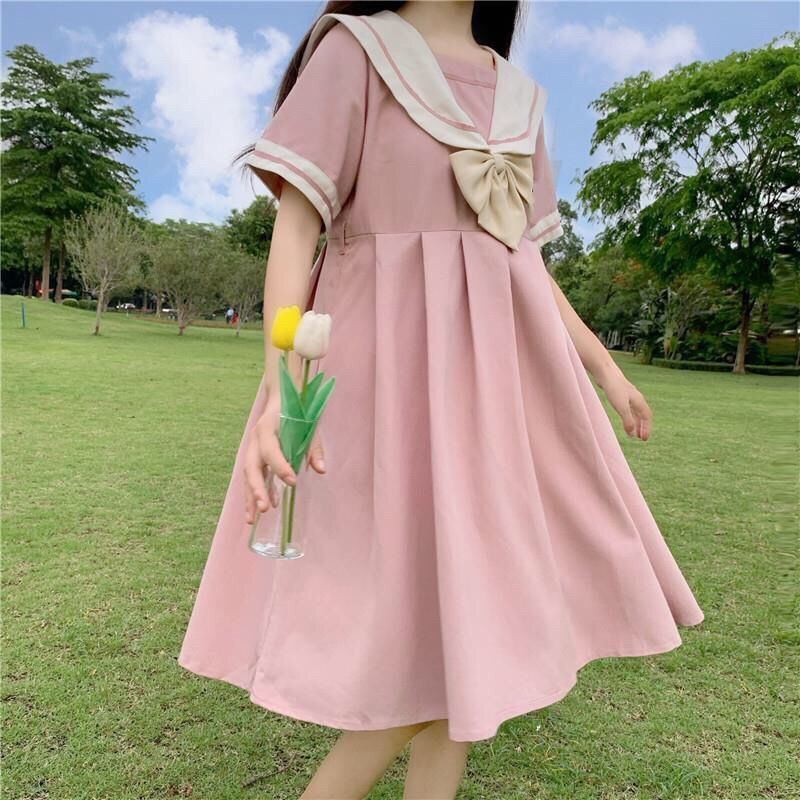 A-line Dress Women Sweet Kawaii Japanese Style College Autumn New Sailor Collar Patchwork Fashion Leisure Loose Popular Chic