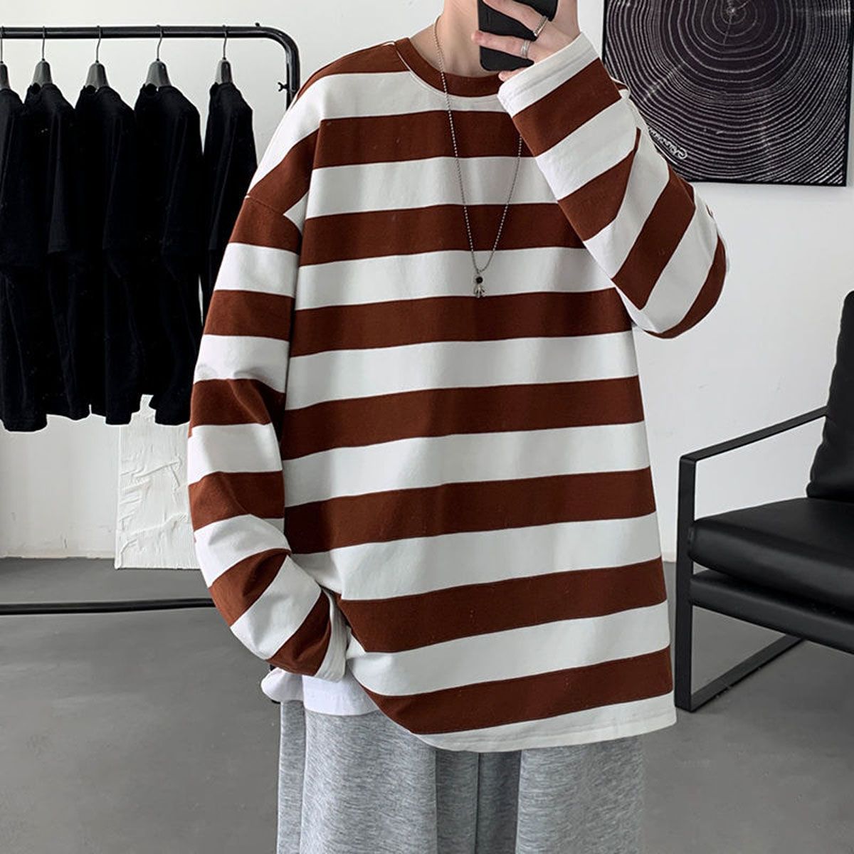 Harajuku Striped T shirts For Men Oversized Tees 2022 Man Casual Long Sleeve Tshirt Woman Loose Pullovers Tops 5XL