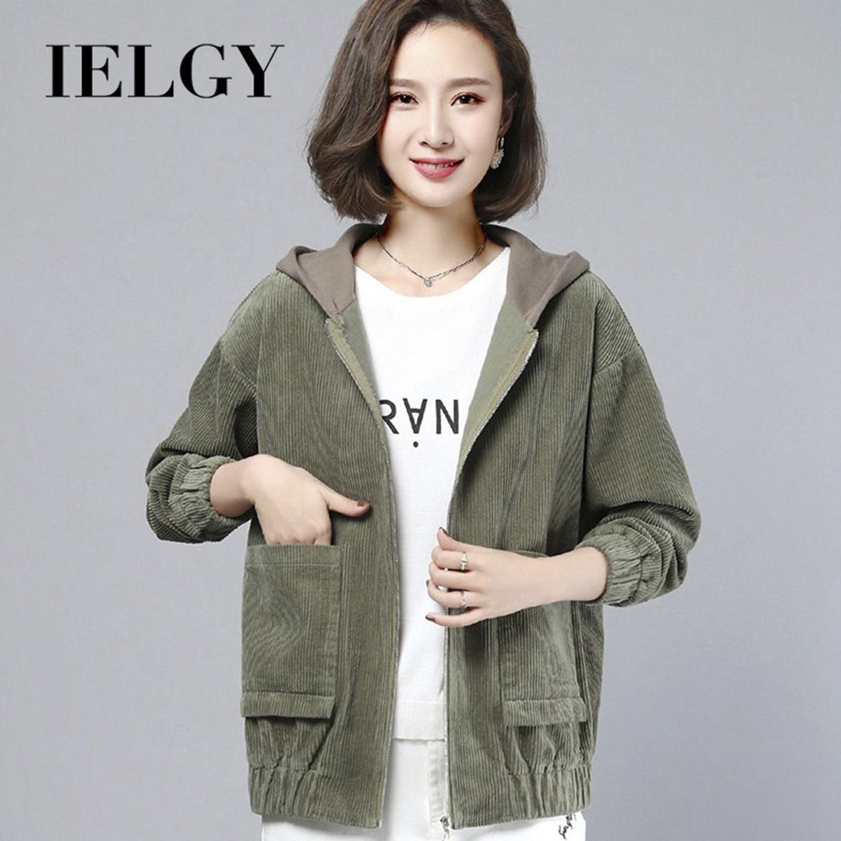 IELGY Women's clothes fashion corduroy all-match short casual Korean version loose coat jacket