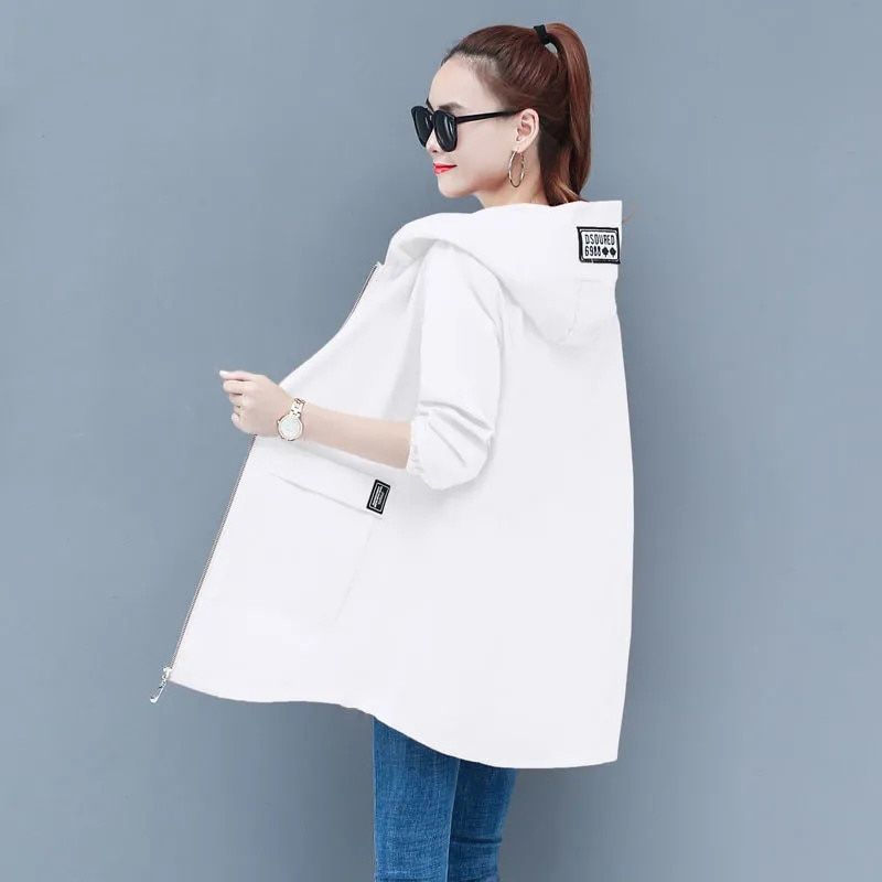 Women Windbreaker New Autumn Jacket Loose Hooded Mid Long Overcoat Zipper Pocket Thin Windbreaker Female Basic Coat