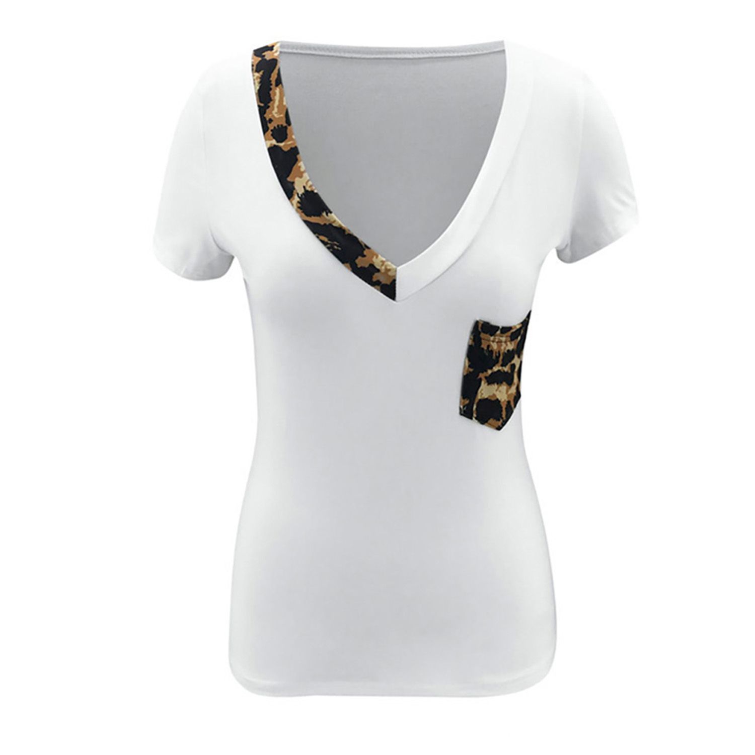 New Female T-Shirt Leopard Print V-Neck Short Sleeve Sweatshirt Women’ s Tops( Black/White, S/M/L/XL)