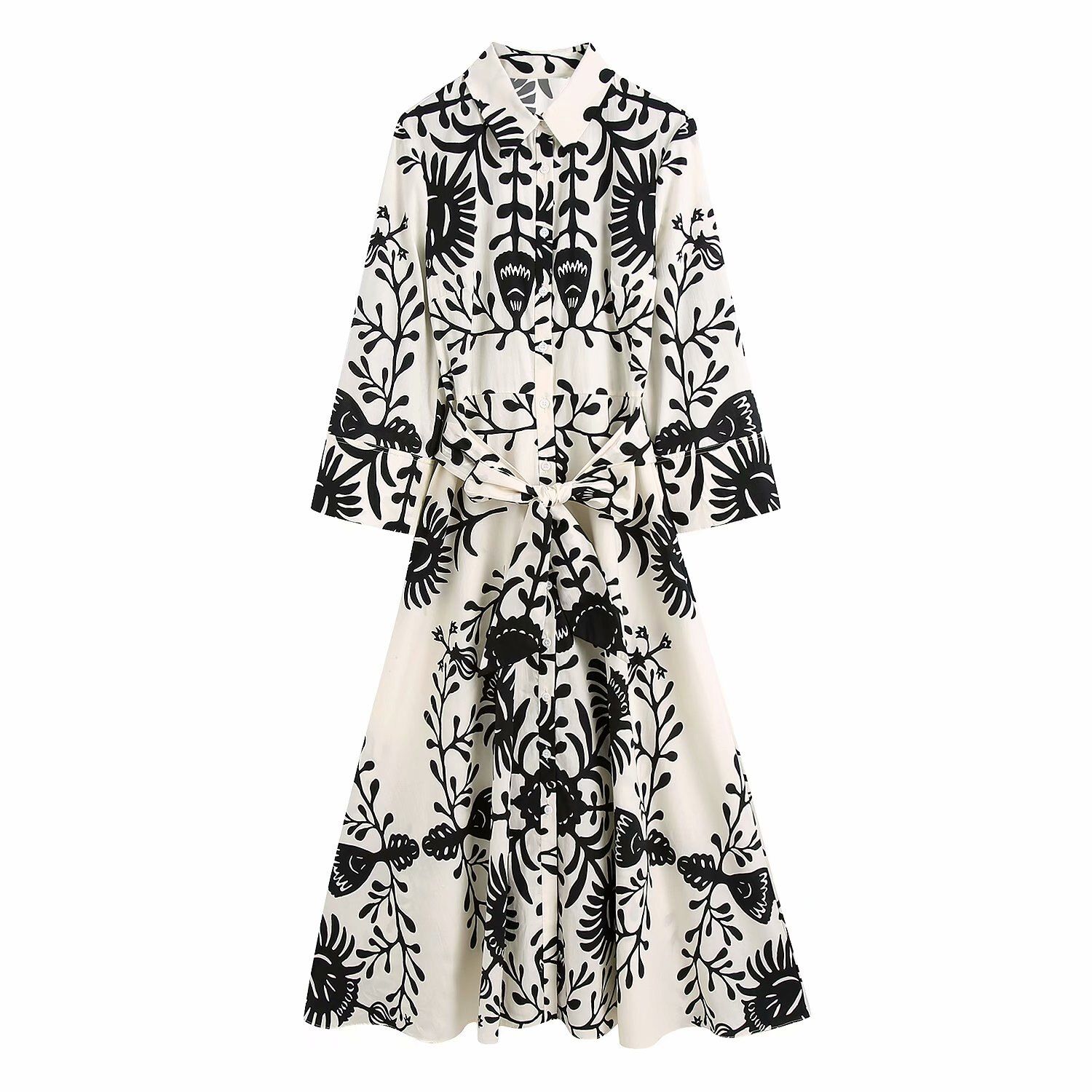 Women Vintage Totem Floral Print Bow Sashes Midi Shirt Dress Female Chic Three Quarter Sleeve Casual Slim Vestidos DS8361