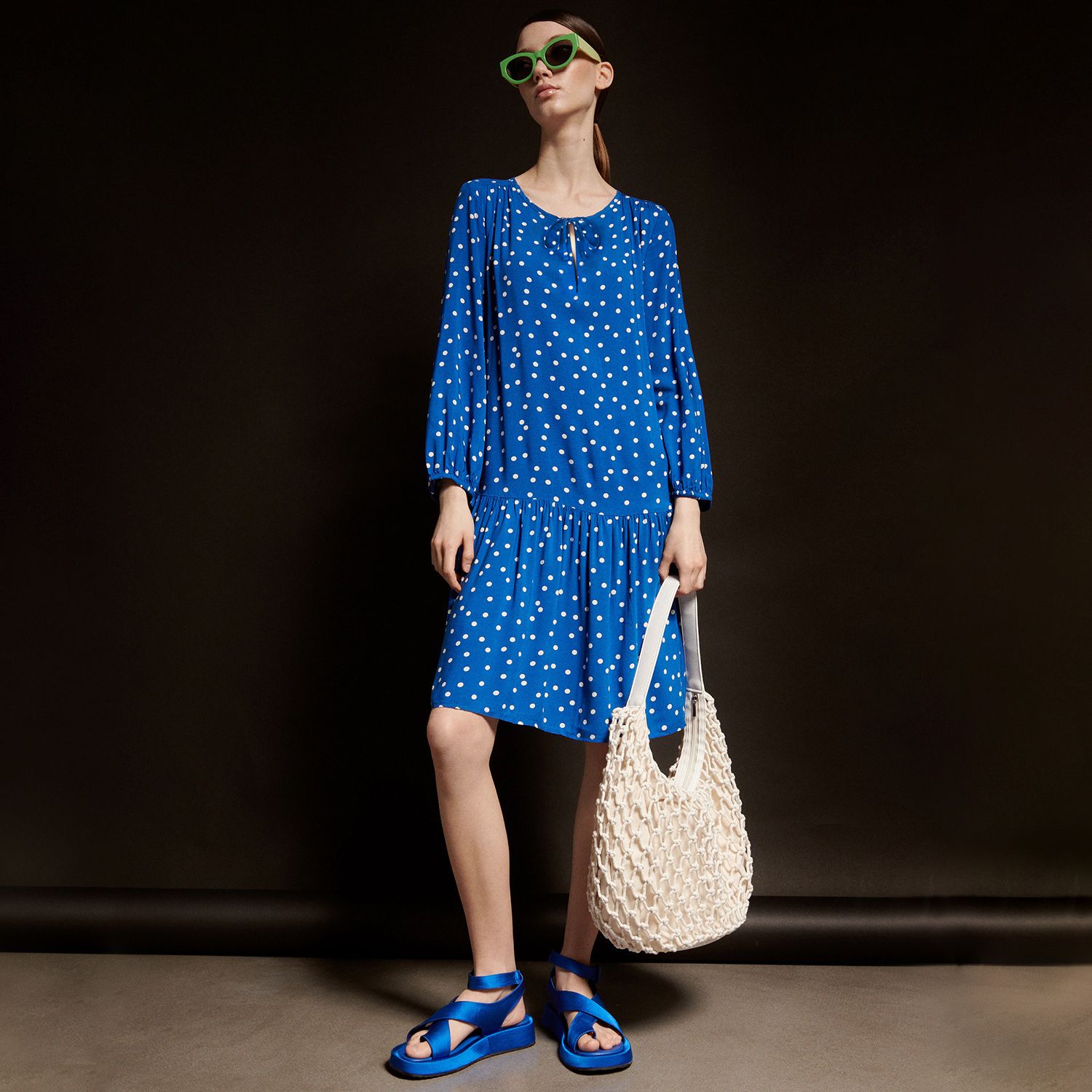 Dot Printed Viscose Balloon Sleeve Ladies Long Top (BLUE/LONG/CT-52) - Blouse For Women