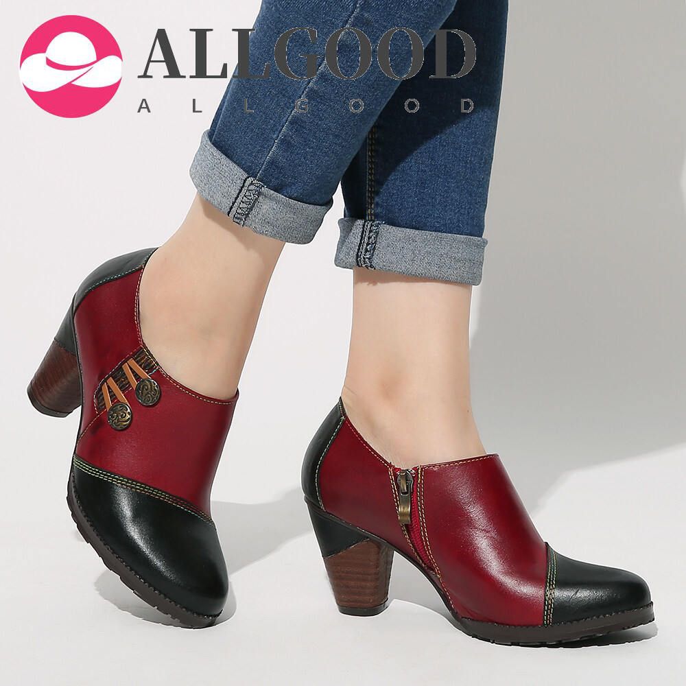 Leather Color Splicing Stitching Retro Metal Button Zipper Comfy Pumps