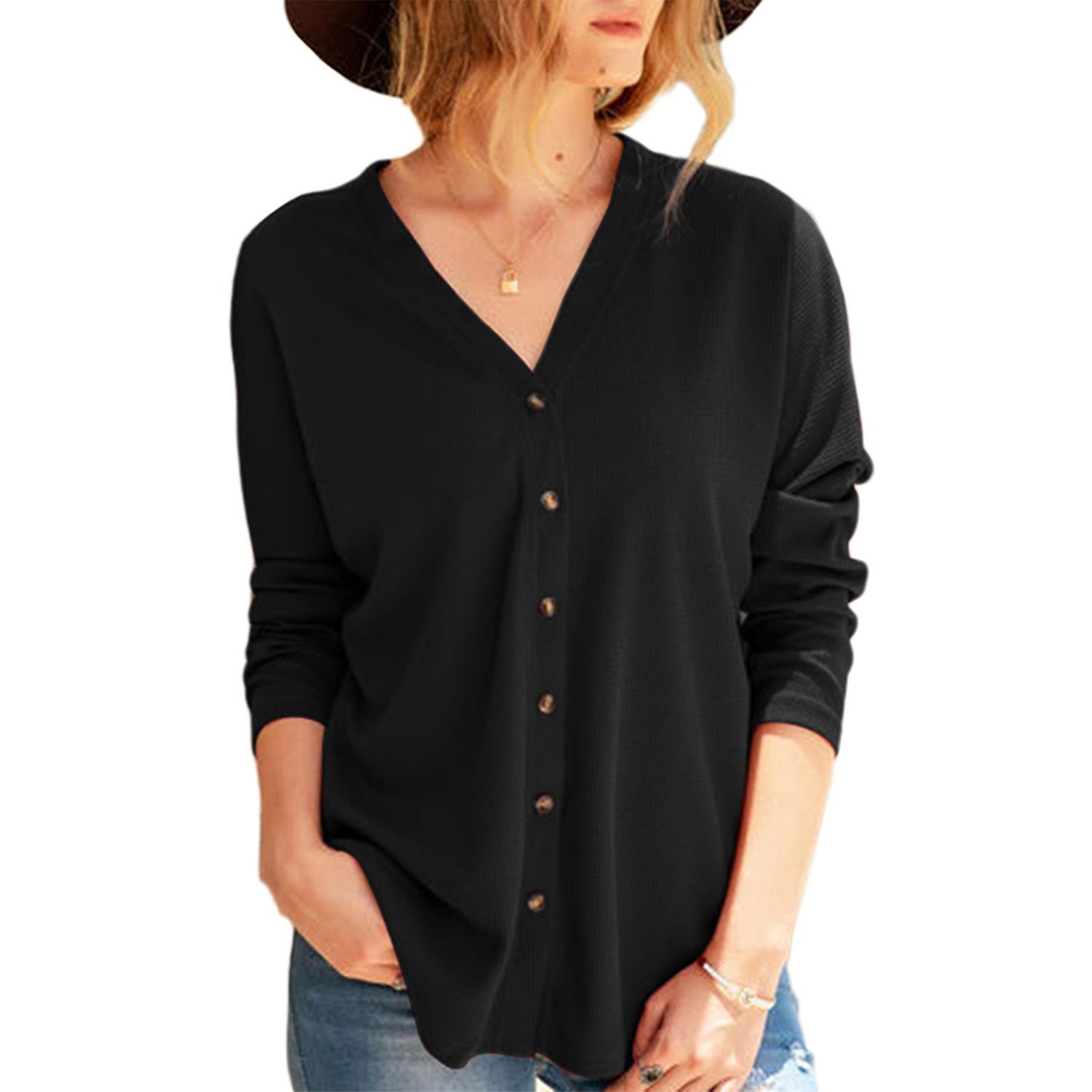 Women Solid Color Cardigan, Autumn and Winter Long Sleeve V-neck Single-breasted Knitwear