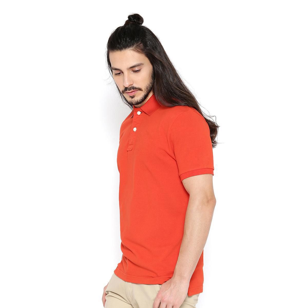 Orange Cotton Casual Polo Shirt for Men