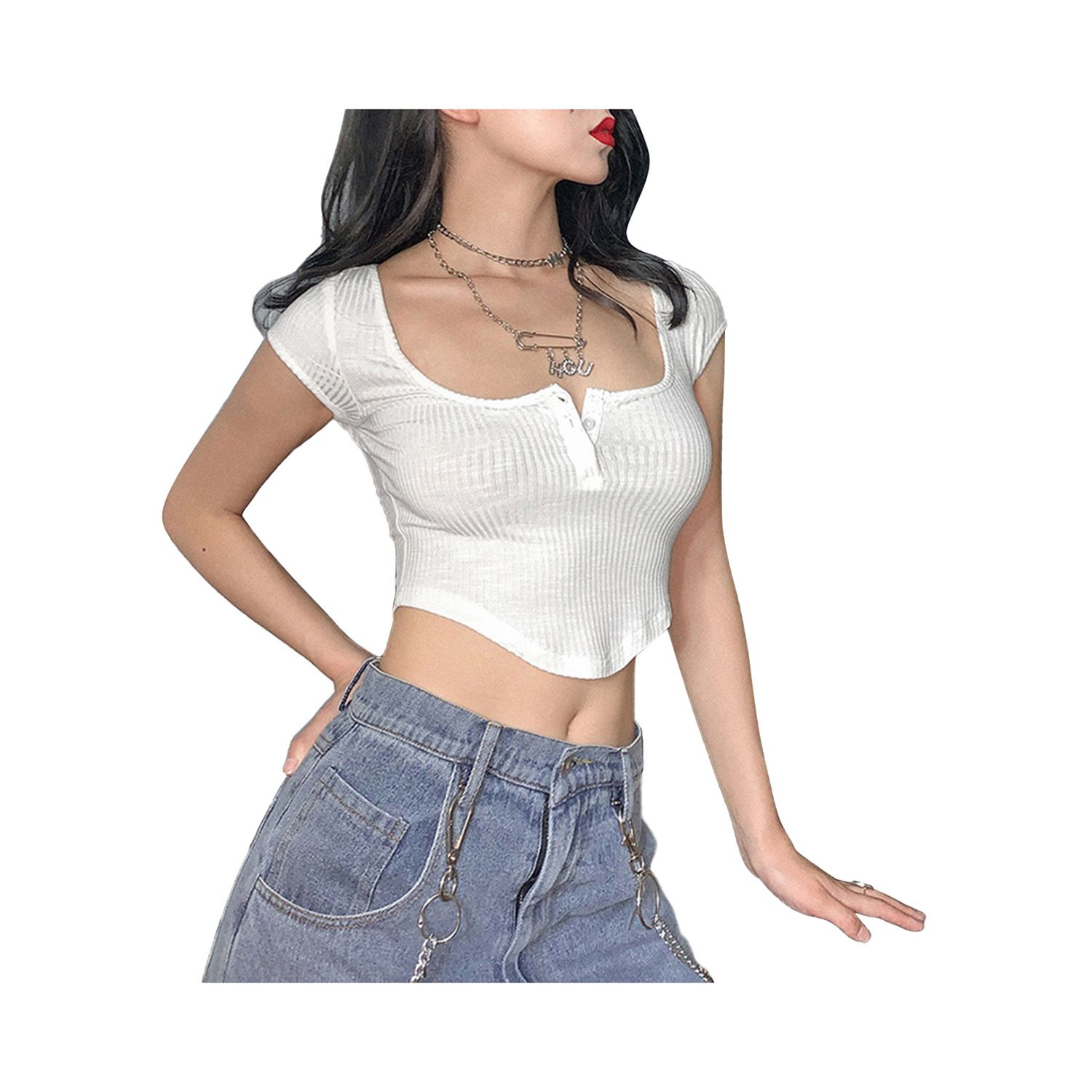 New Women Summer Fashion Short Sleeve U-neck Crop Top Fashion Buttons Solid Color Tops