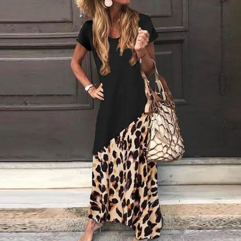 Women's Summer Loose Long Dress Casual Short Sleeve Leopard Printed Maxi Dress Plus Size