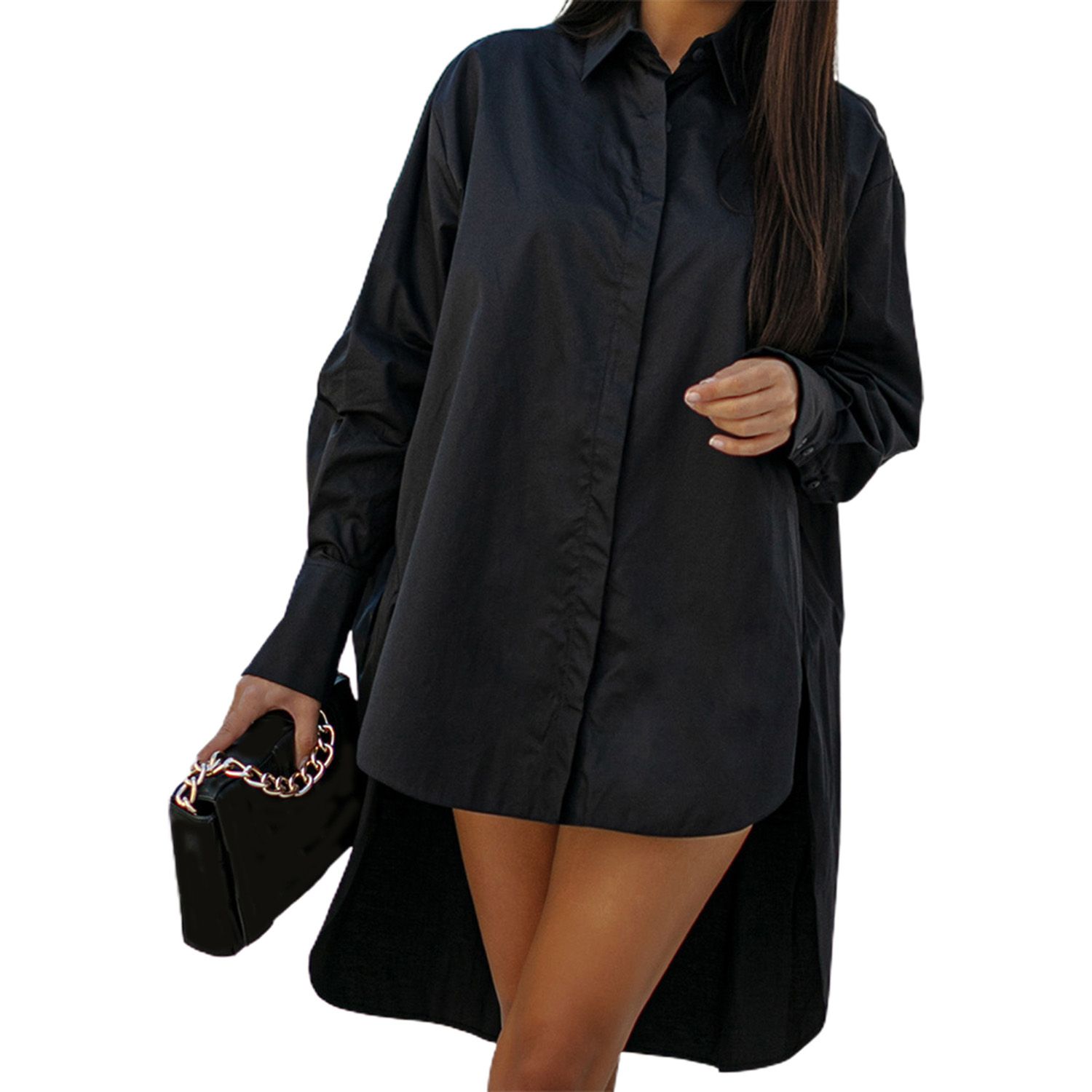 Female Shirt Lightweight Solid Color Long Hem Female Shirt