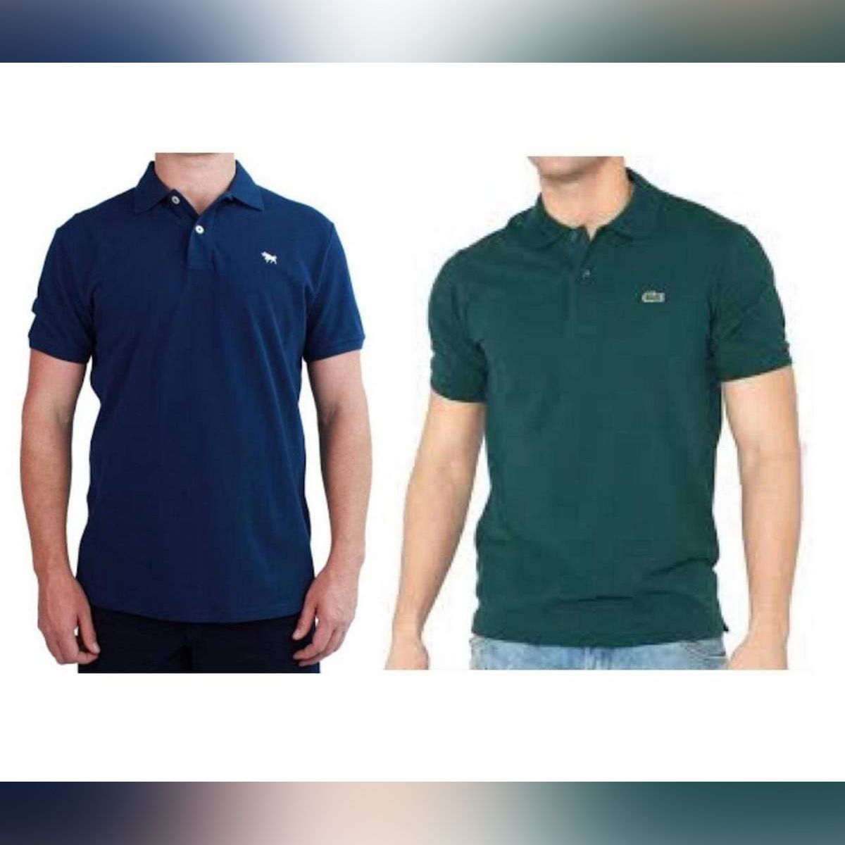 Navy Blue and Green Cotton Polo for Men