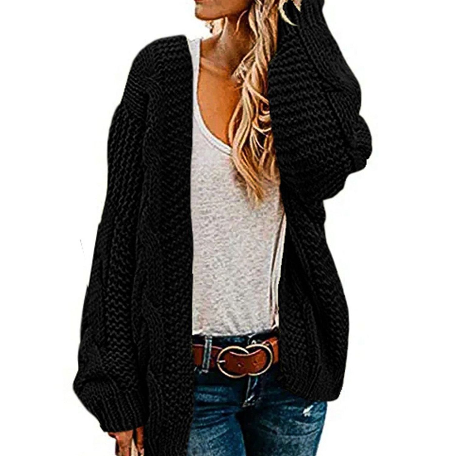 Cardigan Coat Ribbing Cuffs Twist Loose Lady Knitted Coat