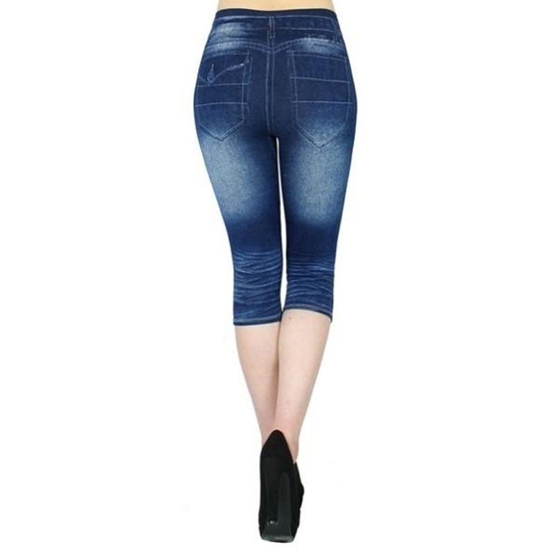 Faux Jeans Leggings Woman Stretch Printed Short Leggins Pants Summer Breeches High Waist Perfect Fit Jeans Jeggings