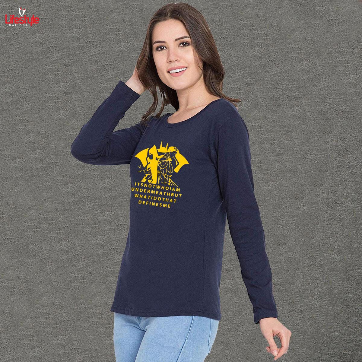 Navy Cotton Women Full Sleeve T-Shirt Code-LN5134T