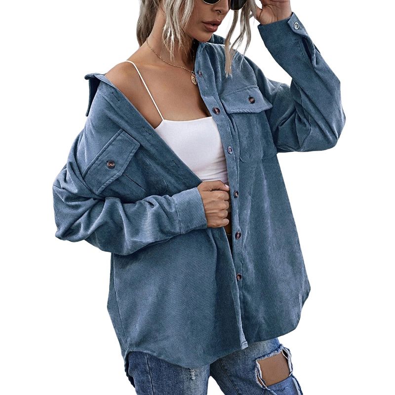 Women Corduroy Shirt Jacket, Adults Button-down Solid Color Long Sleeve Lapel Outerwear with Pockets