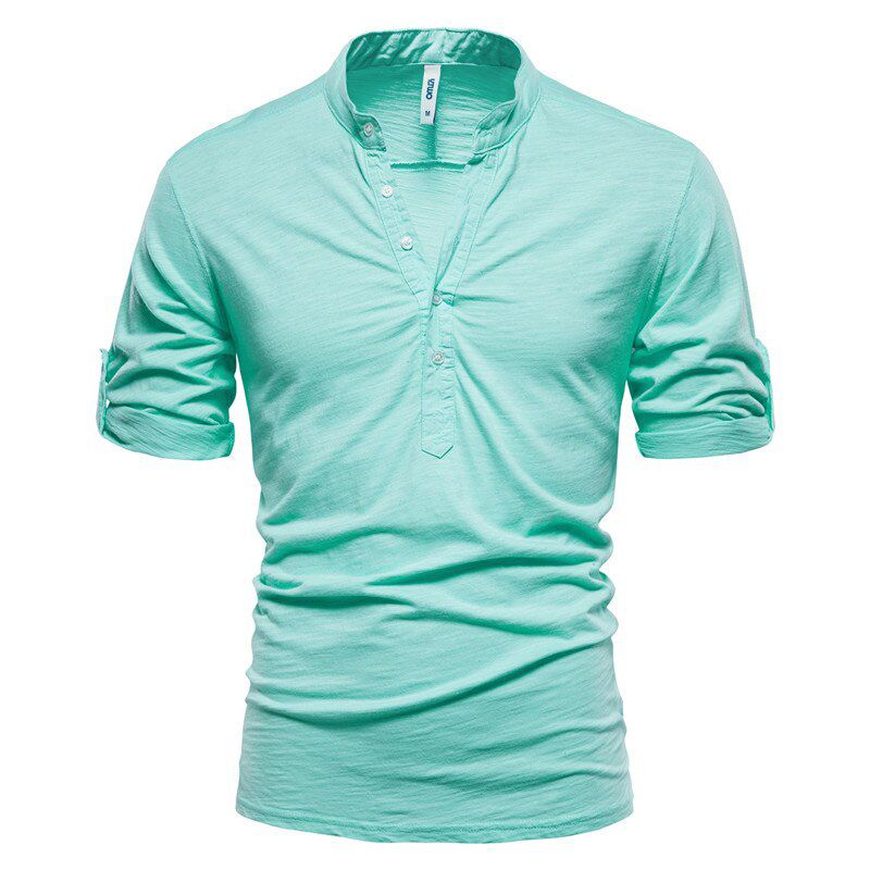 AIOPESON Stand Collar T-Shirt Men Solid Color 100% Cotton Middle Sleeve Men's T Shirts Summer Quality Casual Tee Shirt Male