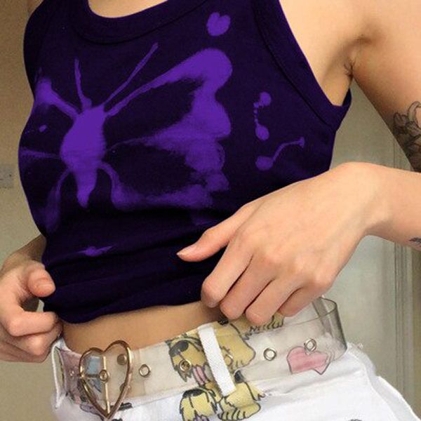 Aesthetics Butterfly Print Brown Crop Tops Indie Streetwear O-neck Sleeveless Tank Tops 90s Summer Vests