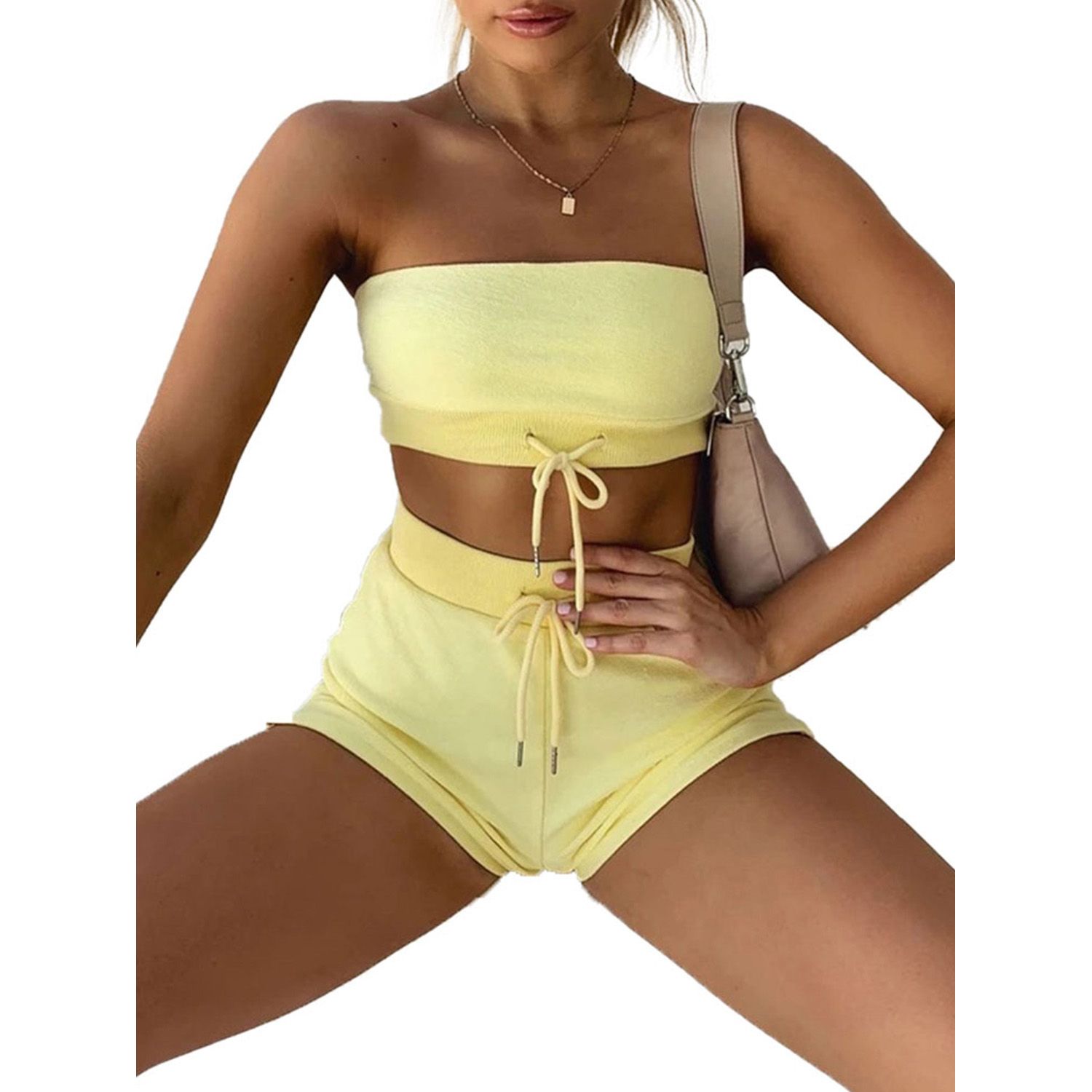 Women’s Casual Two Piece Suit Fashion Solid Color Sexyy Tube Top and Drawstring High Waist Short Pants