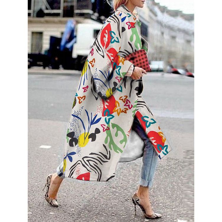 Female Trench Coat Long Autumn Women's Windbreaker Casual Oversize Loose Flare Sleeve Print Jacket Plus Size sobretudo feminino