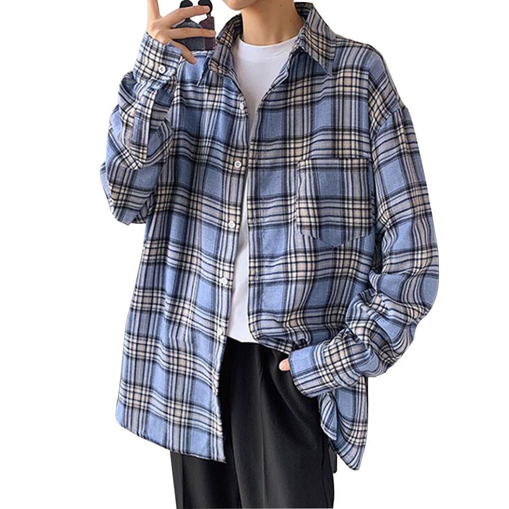 Yfashion Men Shirt Loose Plaid Pattern Color Matching All-match Long-sleeved Shirt color:een size:m