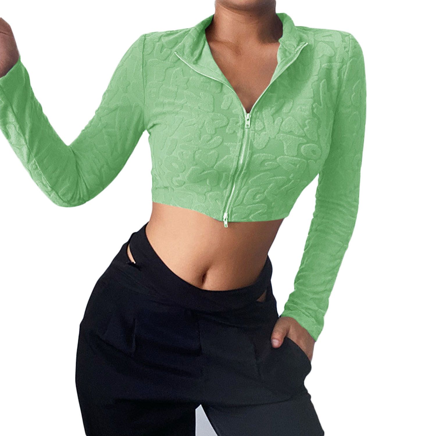 Women's Zip Up Crop Tops,  Long Sleeve Stand Collar Letter Pattern Slim Fit T-Shirts