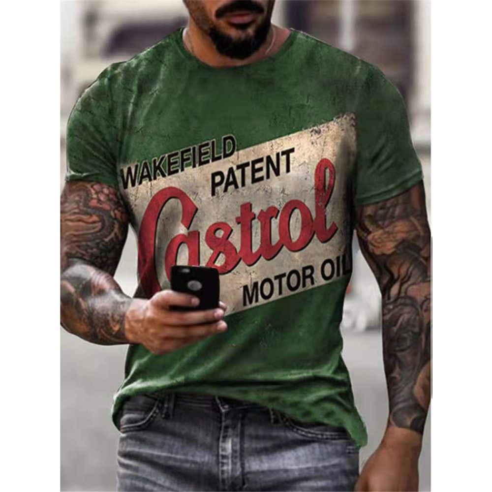 Summer style castrol retro short-sleeved men's T-shirt 3D printing ethnic alphabet Harajuku fashion T-shirt men's collar top