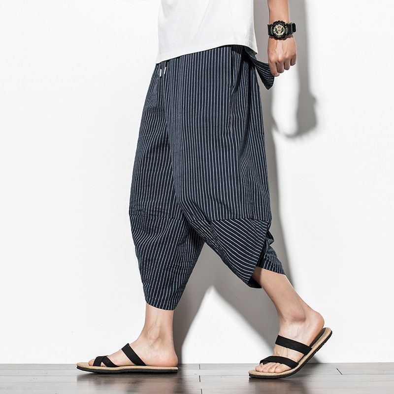 Baggy Cotton Harem Pants Men Summer Japanese Vintage Striped Men Women  Hop Plus Size Wide Leg Pants Pantalon