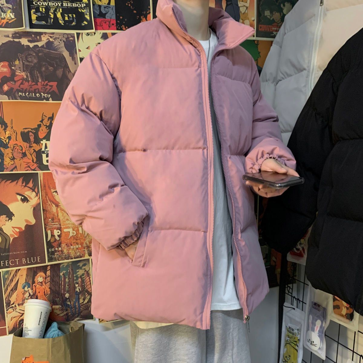 Men's Winter Jacket Parkas Hong Kong Solid Color Oversized Stand Warm Man Cotton Coats Harajuku Casual Male Bread Parkas