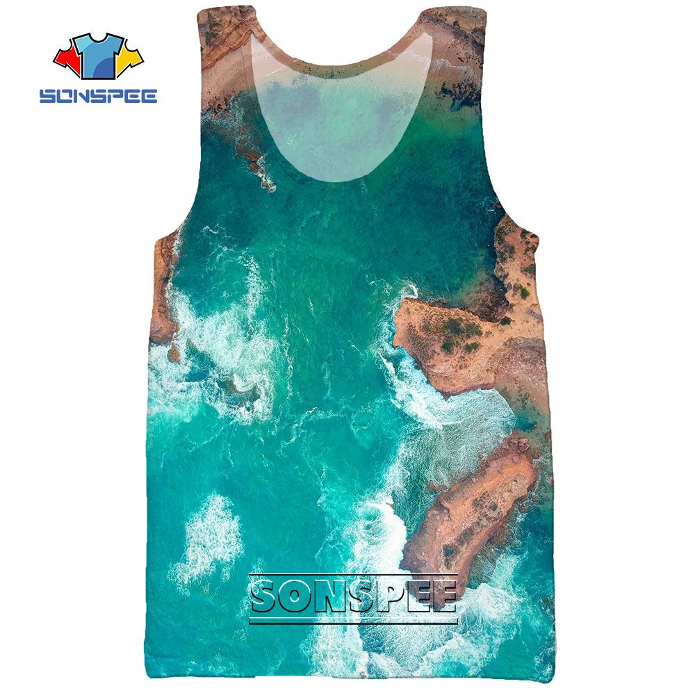 SONSPEE 3D Print Surf Board Summer Beach Men's Srts Sea TaTops Casual Fitness Bodybuilding Gym Muscle Sleeveless Vest Shirt