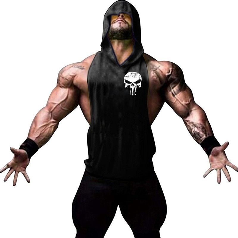 Men Bodybuilding Cotton Skulls TaTop Gyms Fitness Hooded Vest Sleeveless Shirt Summer Casual Fashion Workout Brand Clothing