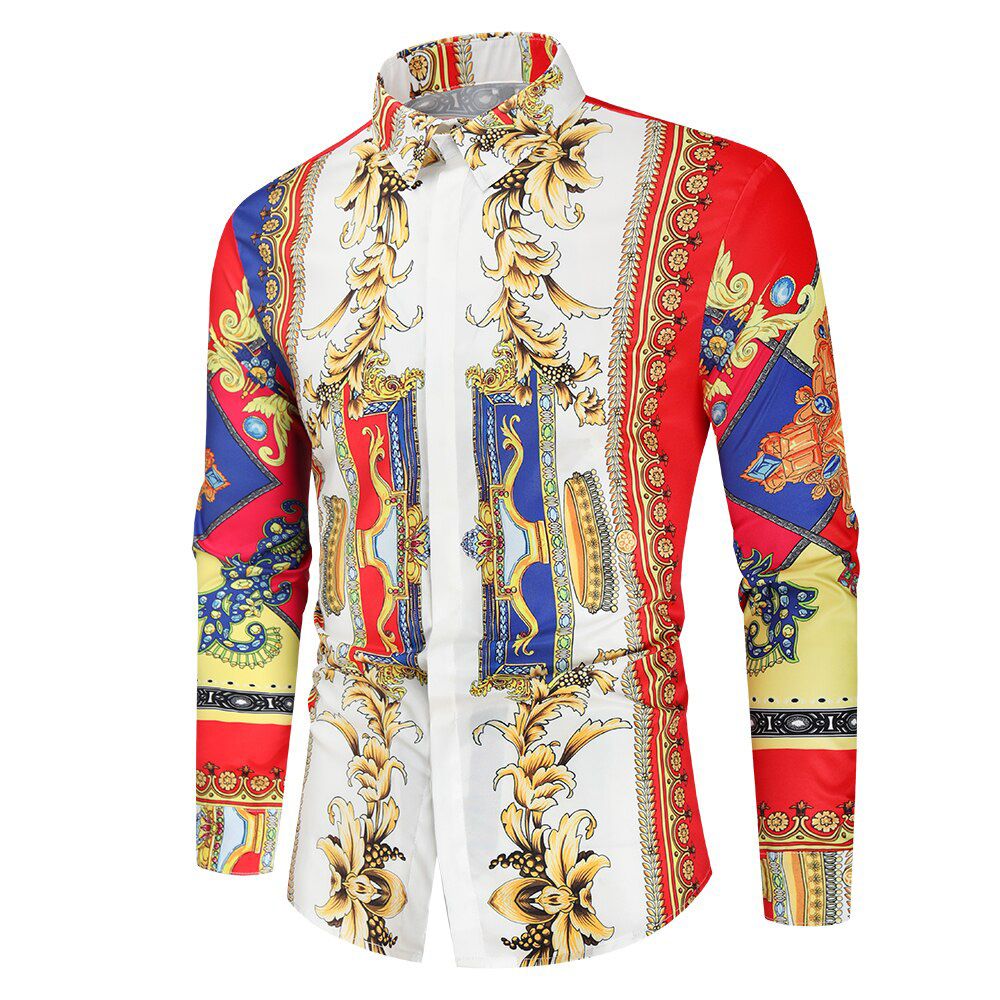 Casual Blouse Homme Baroque Banquet Shirt Paisley Black Gold Men Shirt Luxury Korean Mens Long Sleeve Print Shirts Men Slim Fit
