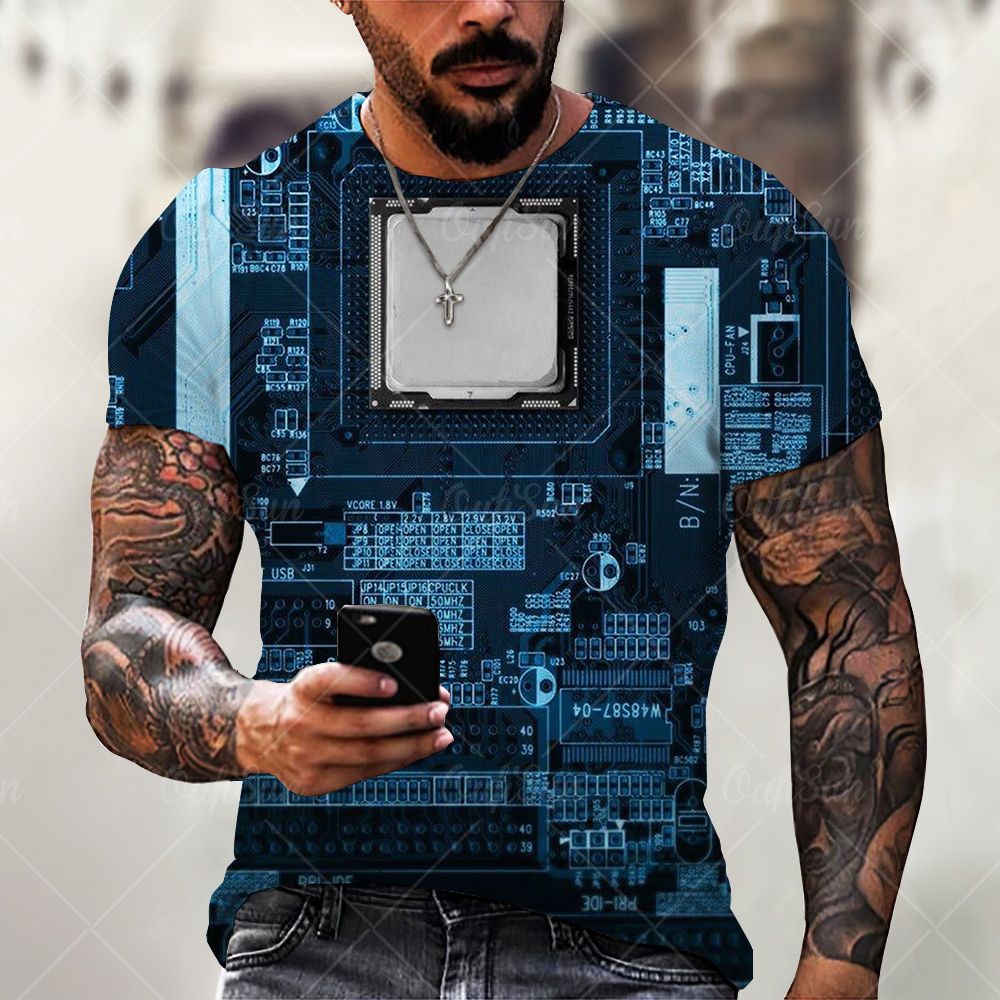 Hop Electronic C3D Men's T Shirt Summer Trend Machine Printed Oversized T-Shirt Harajuku O-Neck Short Sleeve Tees Tops
