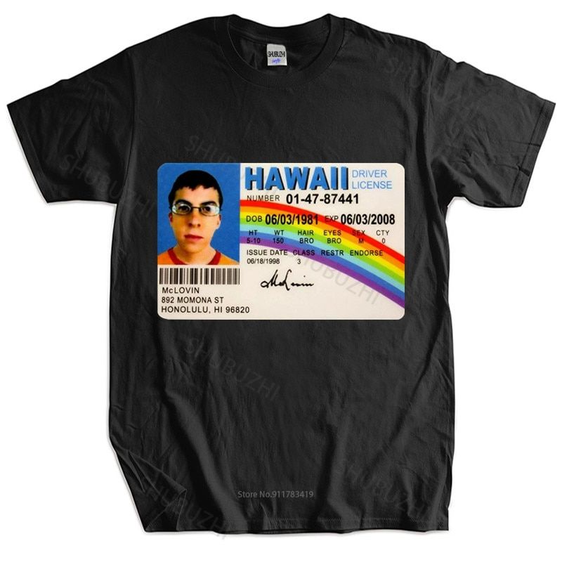 Homme t shirt summer men t-shirt Mclovin id card superbad geek Mens Cotton T-shirt uni t-shirt teenagers cool tops