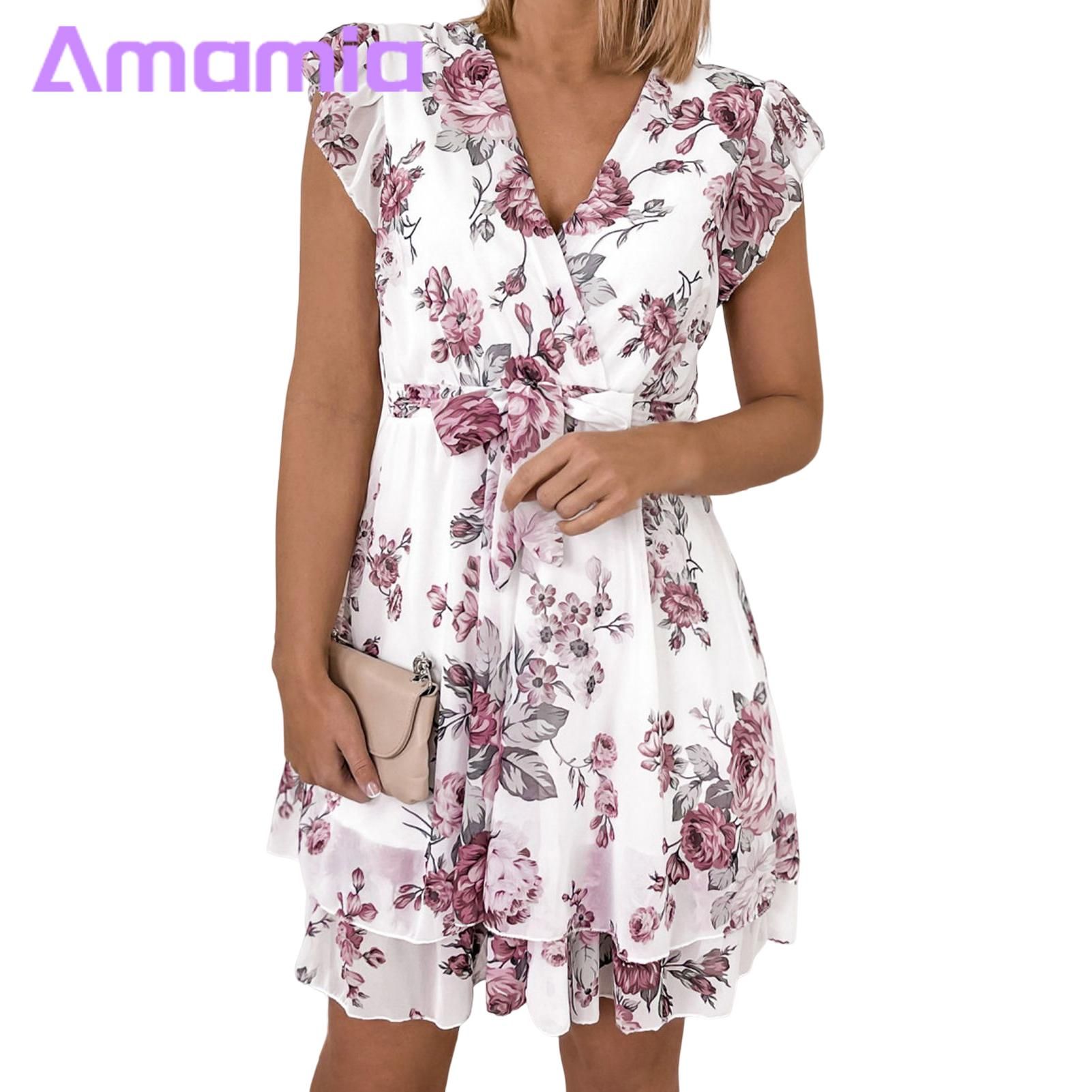 Amamia Summer Dress Ruffle Loose Hem Tight Waist Summer Dress