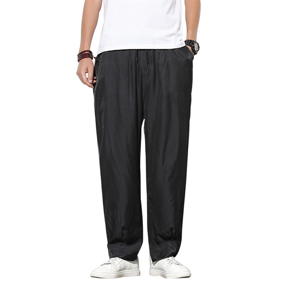 5 Colors Big Size Summer Loose Blue Silk Clothes In Oriental Style Black Satin Smooth Traditional Cropped Pants Mens Comfortable