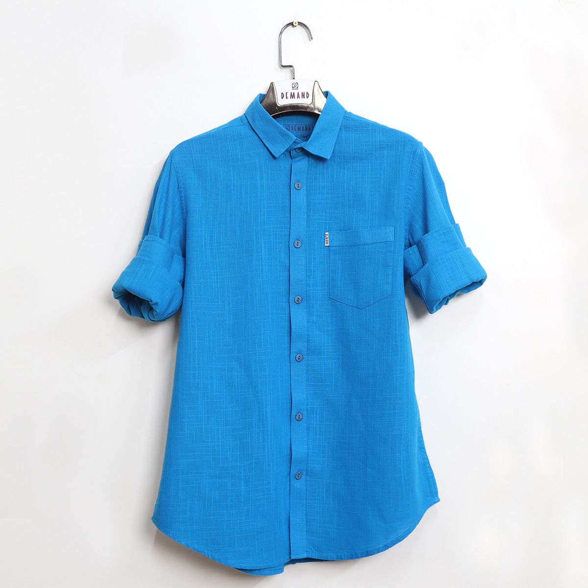 Turquoise Color Remy Cotton Casual Long Sleeve Shirt For Man